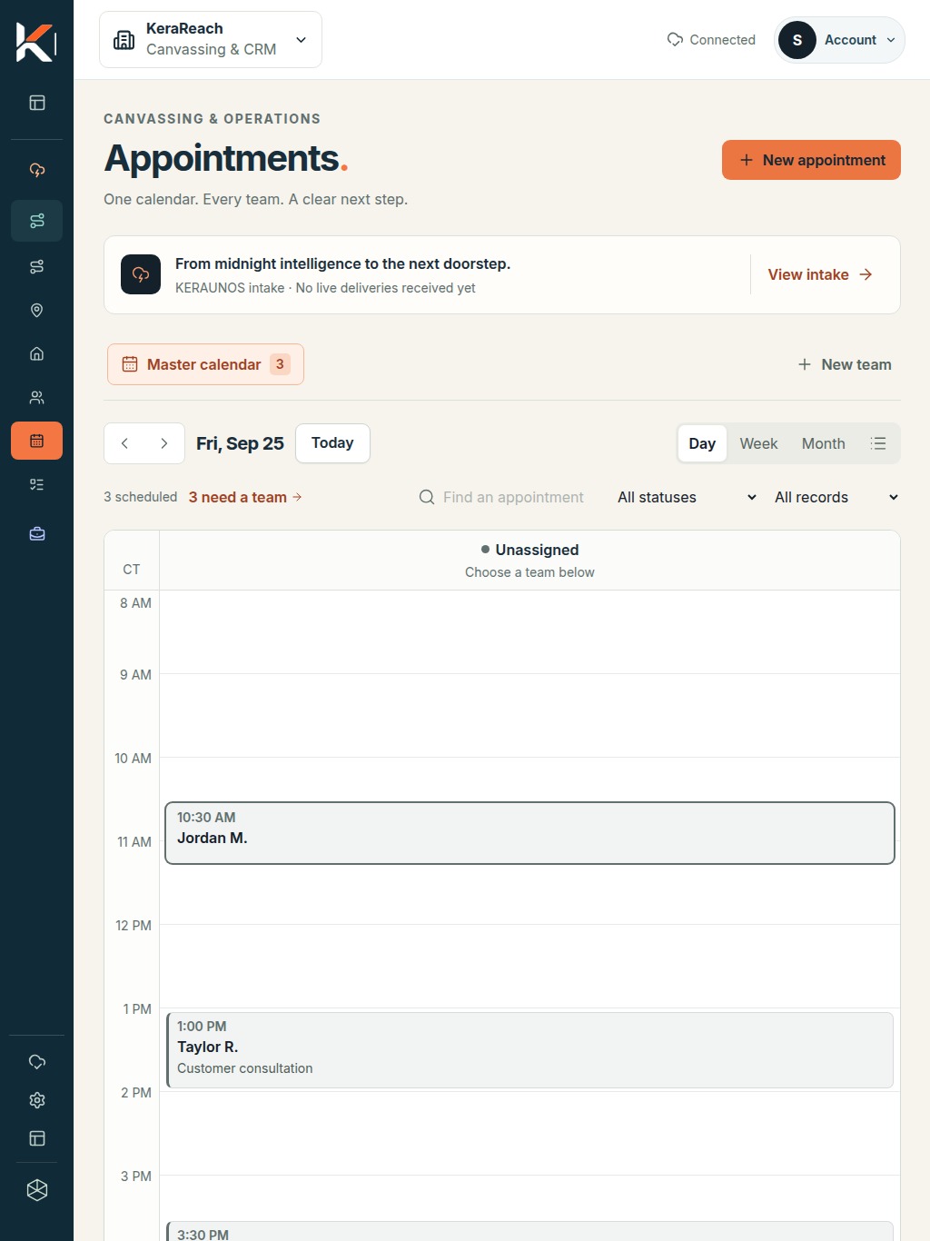 KeraReach appointments on iPad, captured with sample records.